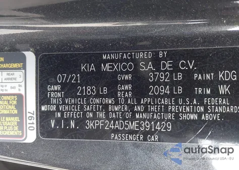 2021 Kia Forte Lxs из США, поврежденный, VIN 3KPF24AD5ME391429